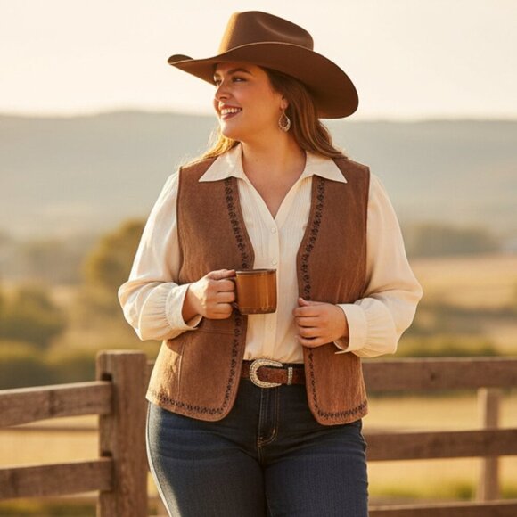 Outbrook Tops - Outbrook Women’s Genuine Leather Suede Vest XL | Brown Western Boho Embroidered